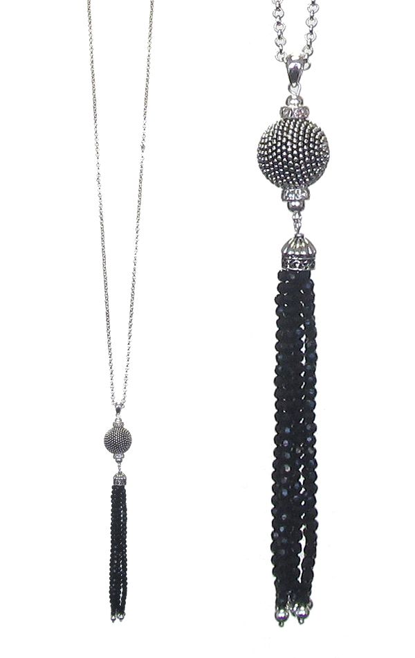 Metal ball and glass bead tassel drop long necklace