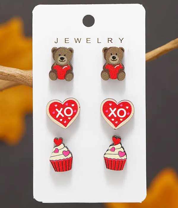 Valentine theme 3 pair earring set - bear heart cupcake