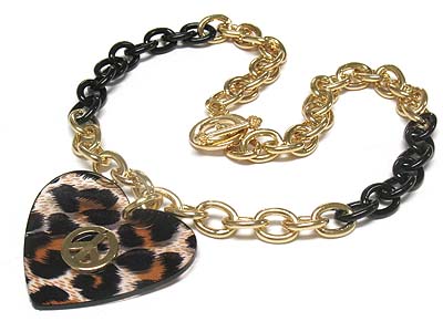 Animal pattern acryl heart charm metal toggle chain necklace- peace