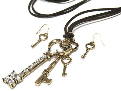 Multi crystal keys peandant and suede cord necklace and earring set