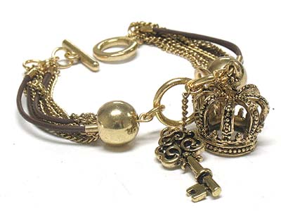 Crown and key charm multi strand chain bracelet