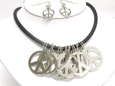 Multi peace symbol charm dangle rubber cord necklace and earring set
