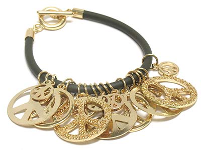 Multi peace symbol charm dangle rubber cord bracelet