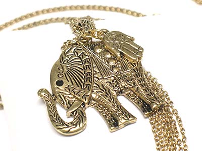 Metal filigree elephant peandant long necklace