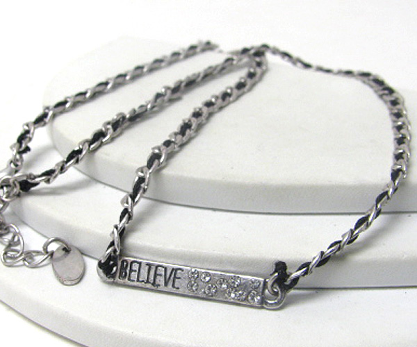 Crystal deco message metal plate chain and cord necklace