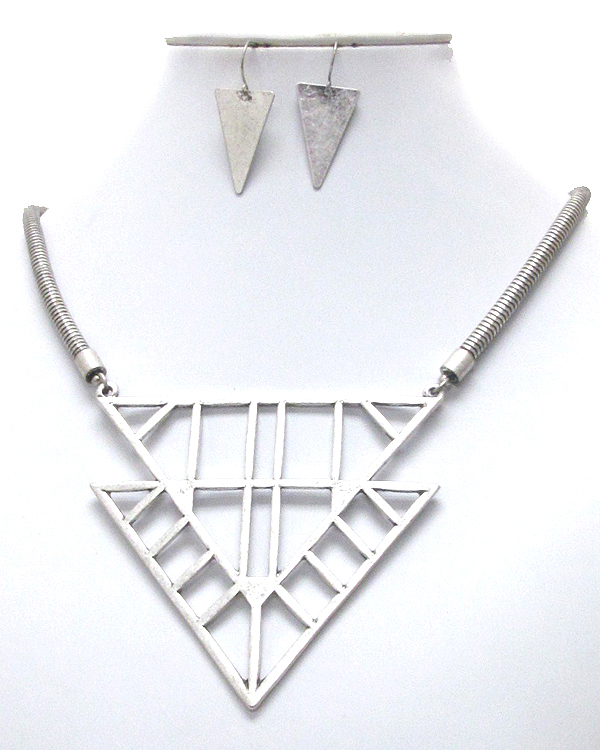 Metal art chevron pendant and snake chain necklace earring set