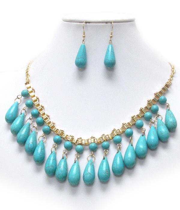 Multi teardrop turquoise and tube chain necklace earring set