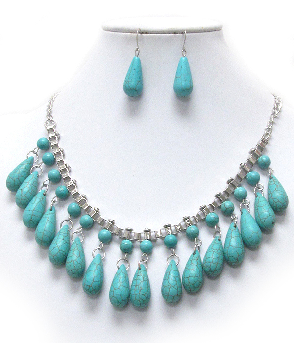 Multi teardrop turquoise and tube chain necklace earring set