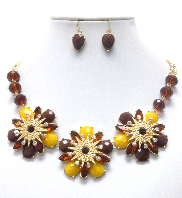 Crystal and facet acrylic stone mix triple flower link necklace earring set