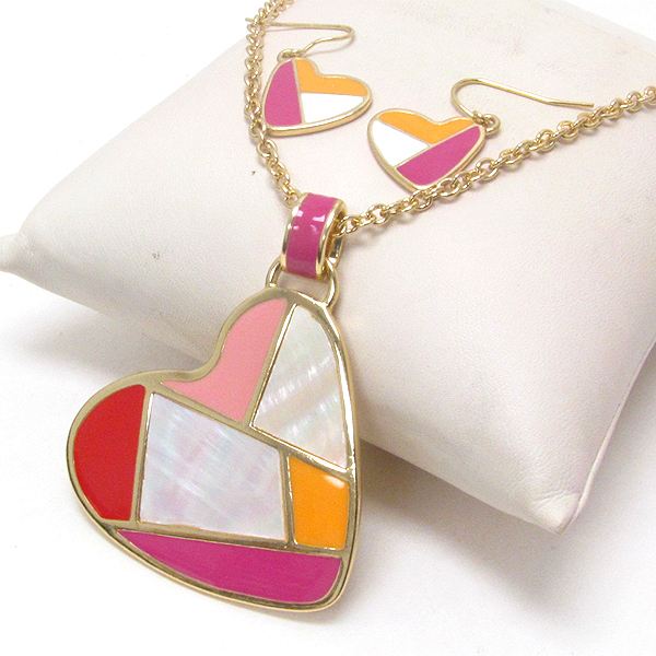 Mop and epoxy deco mosaic heart pendant necklace earring set -valentine
