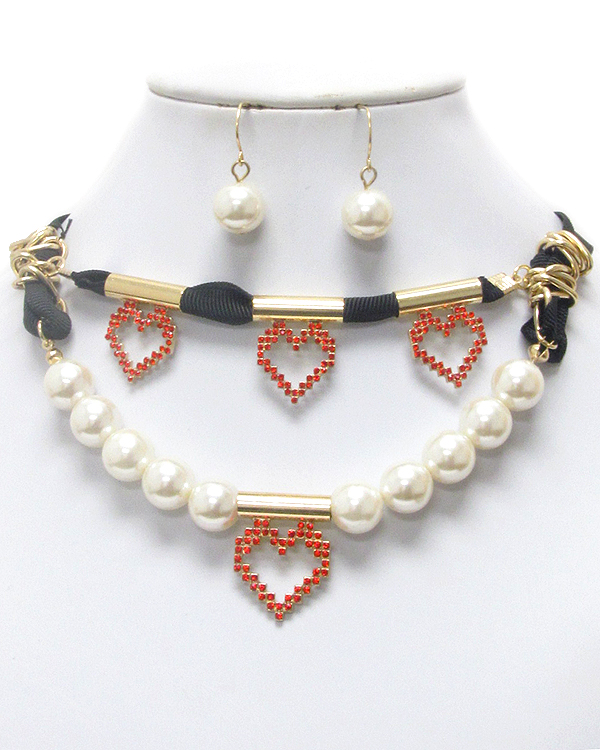 CRYSTAL HEART CHARM PEARL AND TUBE FABRIC DUAL CHAIN NECKLACE EARRING SET