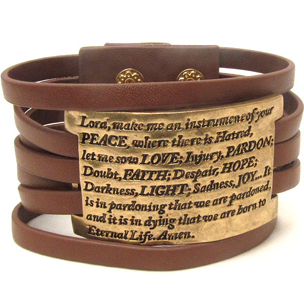 Religious inspiration message on plate and multi leatherette band bracelet