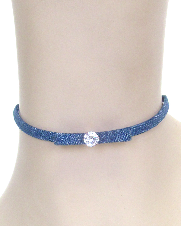 Crystal center bow denim choker necklace