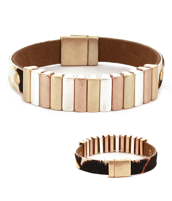 Multi metal bar and animal print faux leather magnetic bracelet