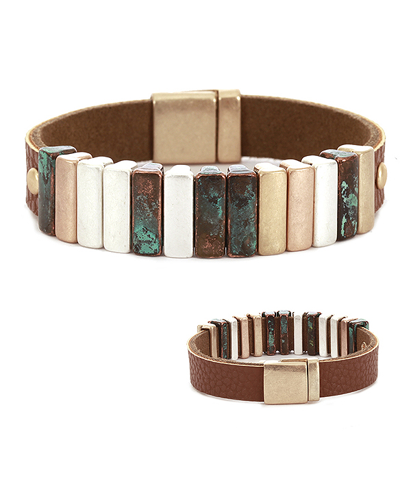 Multi metal bar and faux leather magnetic bracelet