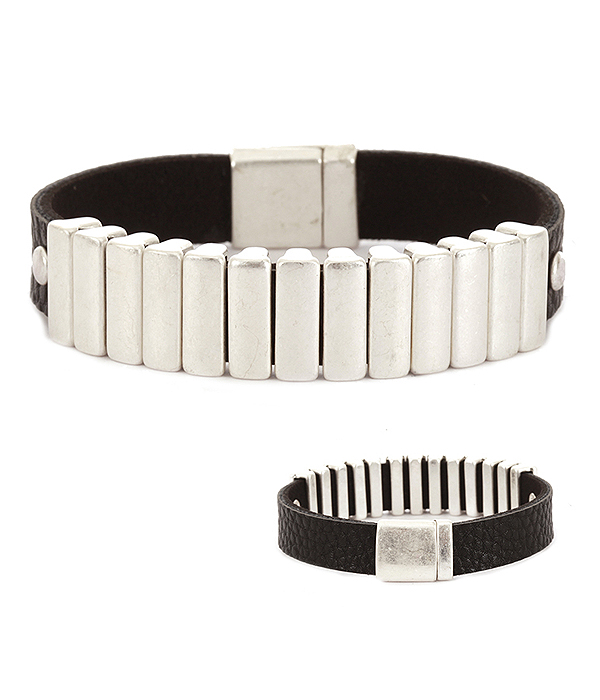 MULTI METAL BAR AND FAUX LEATHER MAGNETIC BRACELET