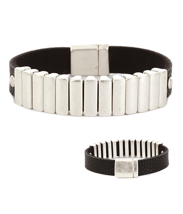 Multi metal bar and faux leather magnetic bracelet