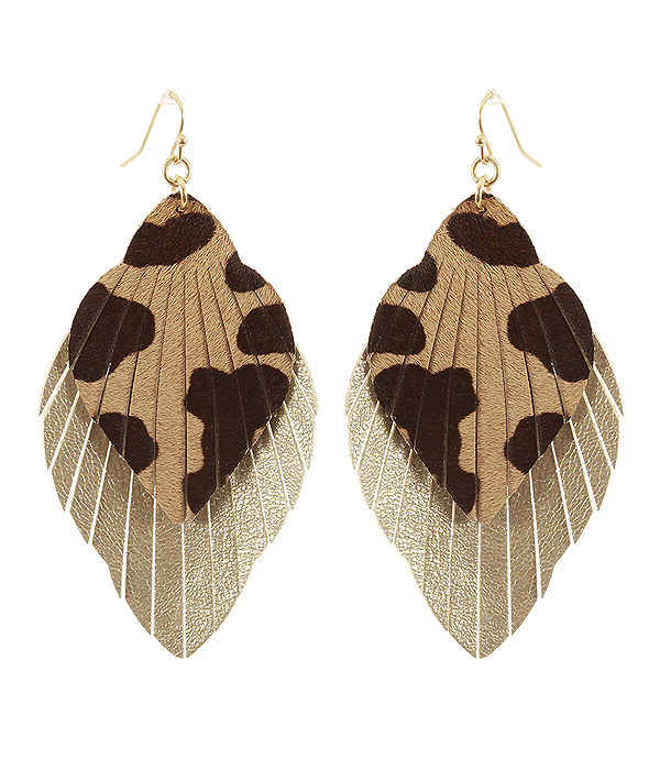 Faux leather fringe animal print earring
