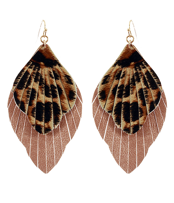 Faux leather fringe animal print earring