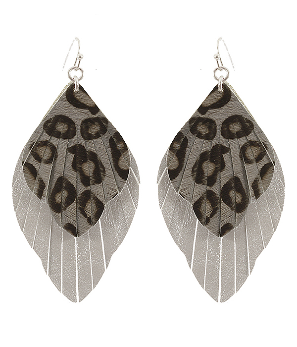 Faux leather fringe animal print earring