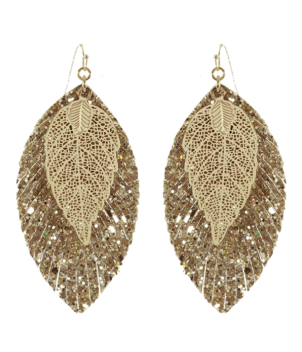 FAUX LEATHER FRINGE AND METAL FILIGREE DOUBLE LAYER EARRING