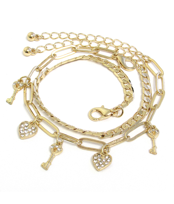 Multi heart and key charm double bracelet set -valentine