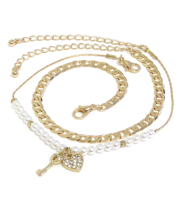 Heart and key charm three bracelet set -valentine