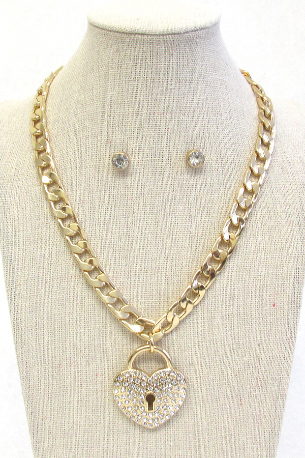 Chunky cuban chain heart pendant necklace set -valentine
