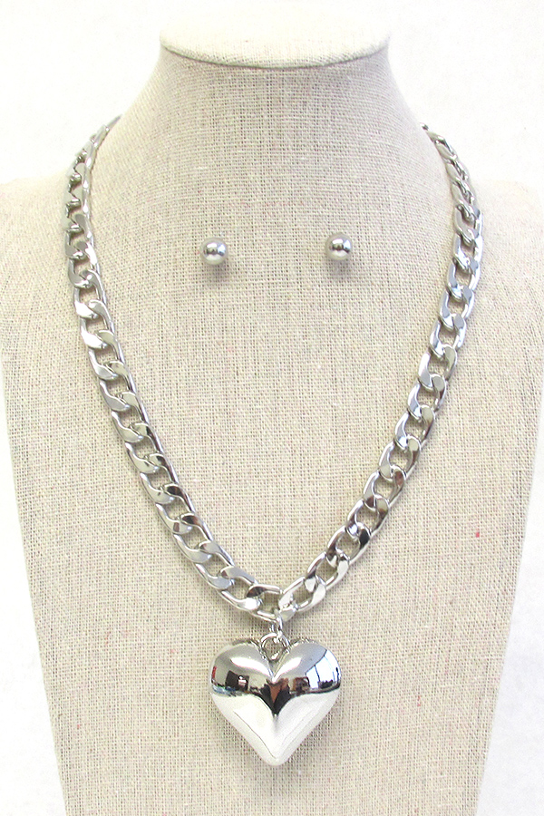 CHUNKY CUBAN CHAIN HEART PENDANT NECKLACE SET -valentine