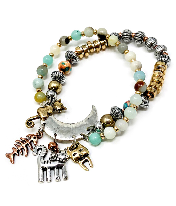 PET LOVERS THEME MULTI BEAD DOUBLE STRETCH BRACELET - CAT