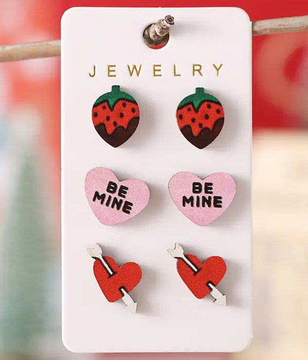 Valentine theme 3 pair earring set - strawberry heart