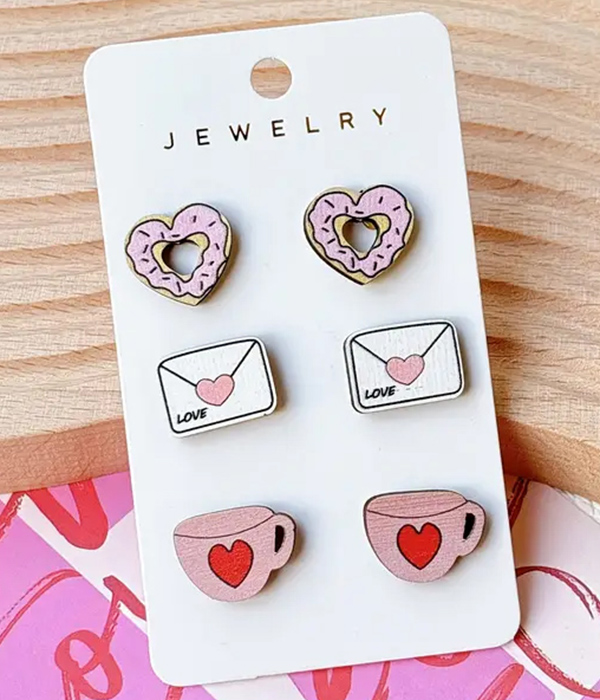 Valentine theme 3 pair earring set - donut letter