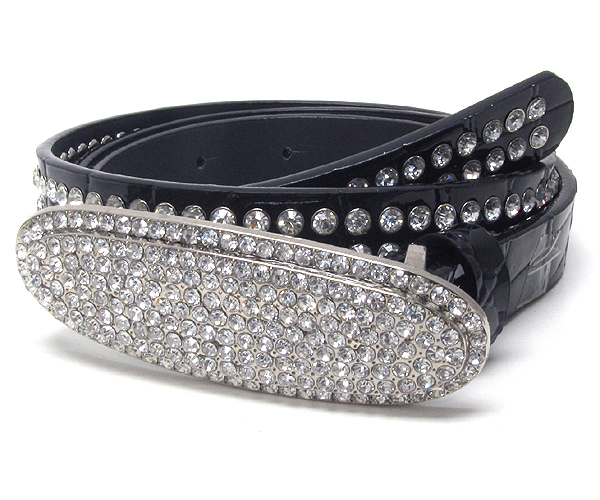 Crystal oval metal buckle with two line crystal on leather belt