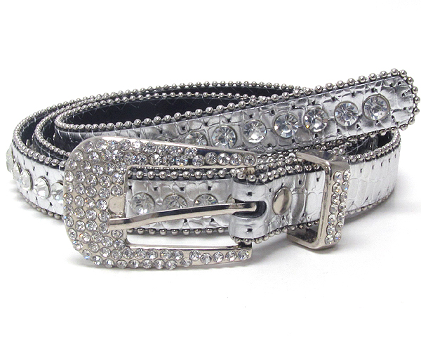 Crystal metal buckle with one line crystal with small metal balls on leather belt