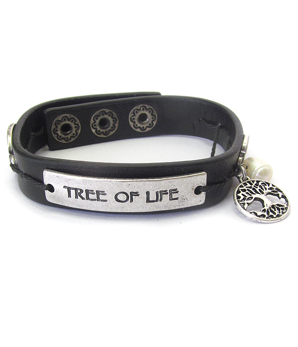 Leather bang bracelet - tree of life