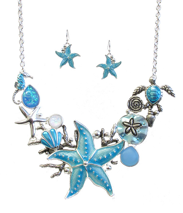 Sealife theme multi pendant link statement necklace set