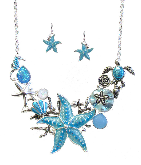 SEALIFE THEME MULTI PENDANT LINK STATEMENT NECKLACE SET