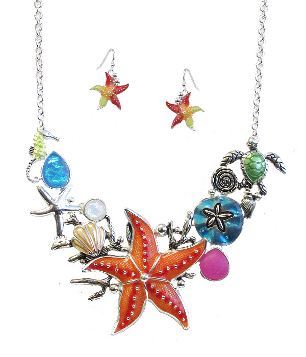 Sealife theme multi pendant link statement necklace set