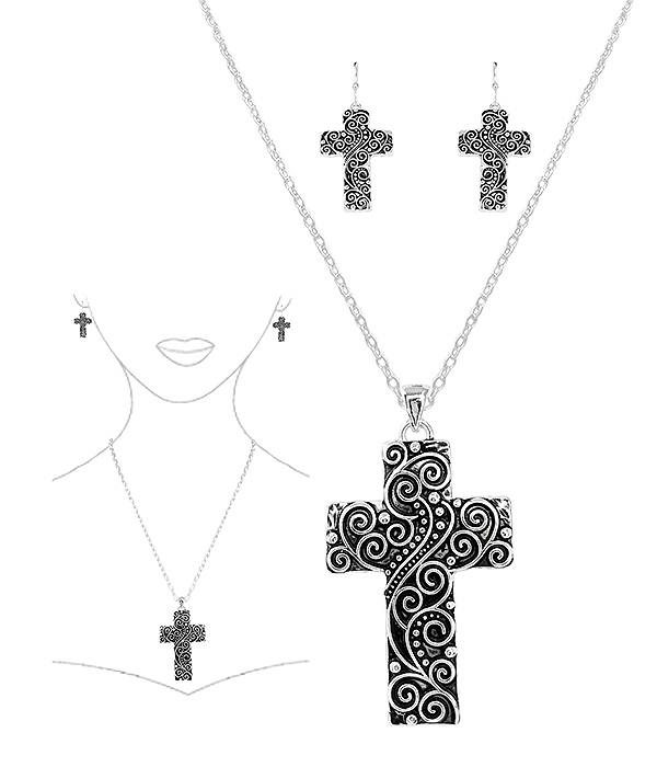 DESIGNER TEXTURED CROSS PENDANT NECKLACE SET