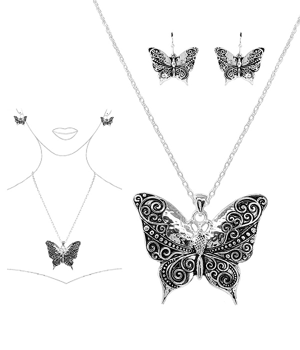 DESIGNER TEXTURED BUTTERFLY PENDANT NECKLACE SET