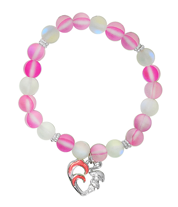 Tropical theme charm and ball bead stretch bracelet - flamingo