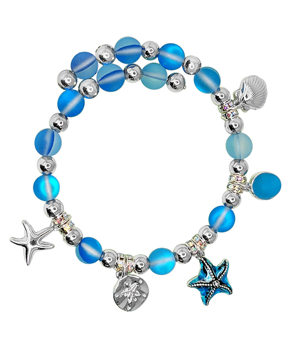 Sealife theme multi charm and ball bead coil bracelet - starfish shell