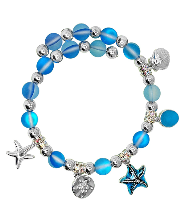 SEALIFE THEME MULTI CHARM AND BALL BEAD COIL BRACELET - STARFISH SHELL