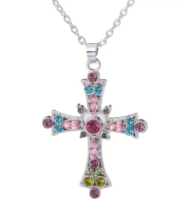 Multi crystal mix cross necklace