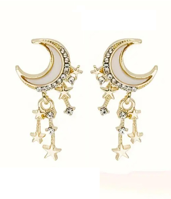 Crescent moon and star drop earring