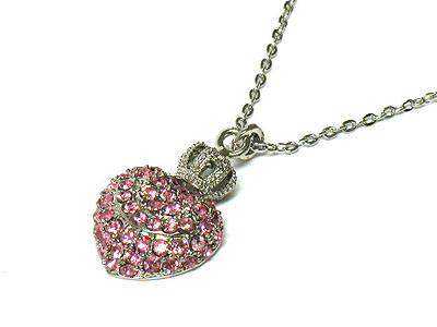 Crystal puff heart and crown necklace