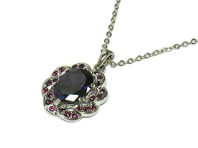 Cubic zirconia stone and crystal side ston flower pendant necklace