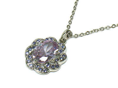 Cubic zirconia stone and crystal side ston flower pendant necklace