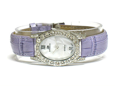 Crystal frame mop backgorund leather band watch (special price)