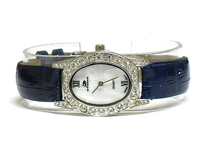Crystal frame mop backgorund leather band watch (special price)